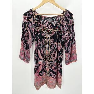 Angie Womens Mini Boho Dress Size L Paisley Gypsy Festival Rayon Hippie
